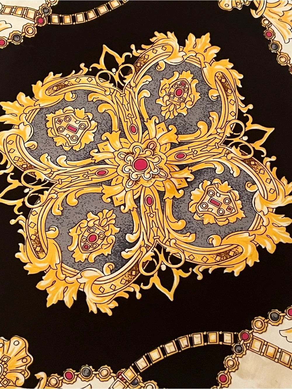 36” Scarf: Silk-Feel Baroque Print Scarf in Black, Gold & Cream